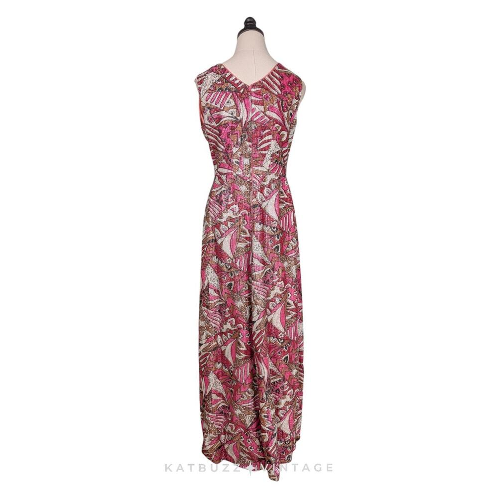 Vintage 60s Maxi Dress Gown Pink Metallic Evening 70s Glam Prom Formal Empire - Picture 3 of 14